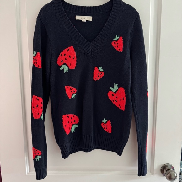 LOFT Strawberry V-Neck Sweater in Navy Blue Size X-Small - Picture 4 of 10